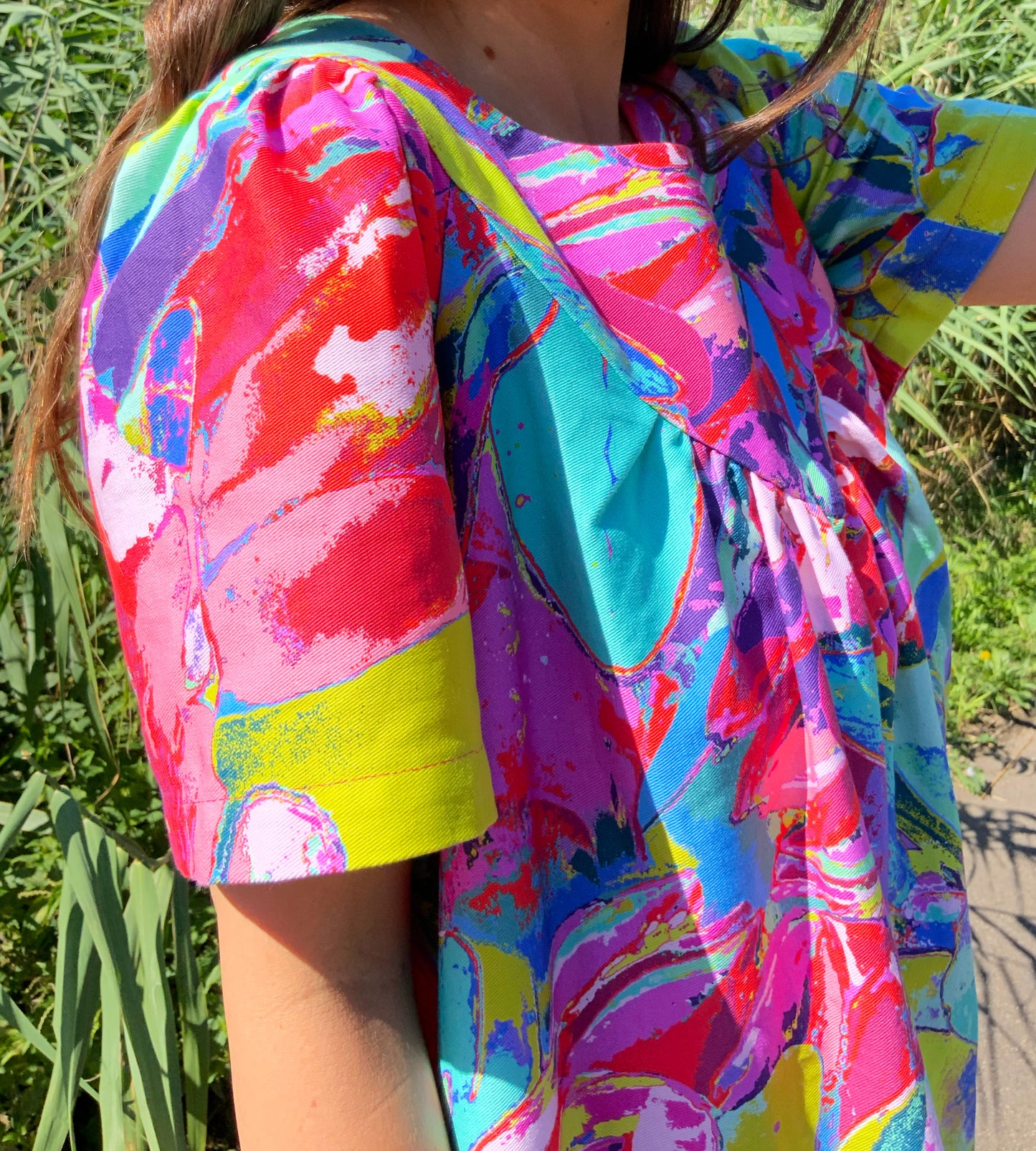 Protea Painterly dress detail gathered neckline sleeves in premium luxurious high quality organic cotton drill fabric